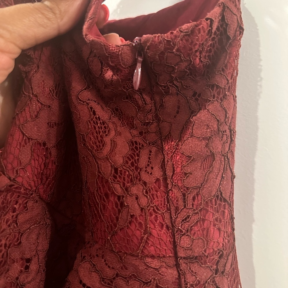 TOBI JUST US TWO LACE SKATER MINI DRESS BURGUNDY, SMALL - Picture 4 of 10